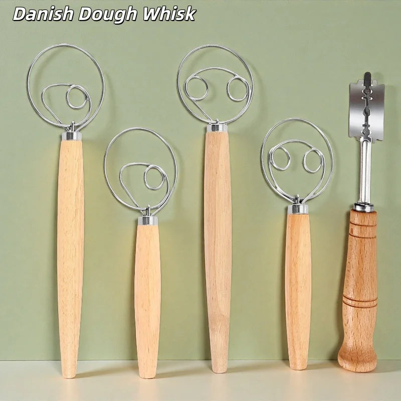 304 Stainless Steel Dough Whisk with Smooth Wooden Handle Sourdough & Bread Mixing 13 Inch Danish Dough Whisk Bread Tools