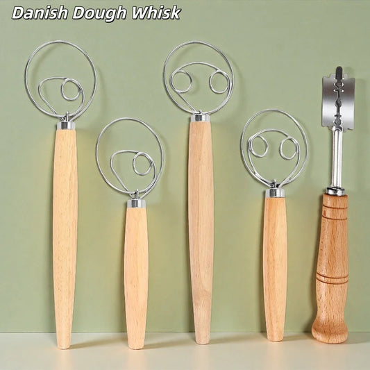 304 Stainless Steel Dough Whisk with Smooth Wooden Handle Sourdough & Bread Mixing 13 Inch Danish Dough Whisk Bread Tools