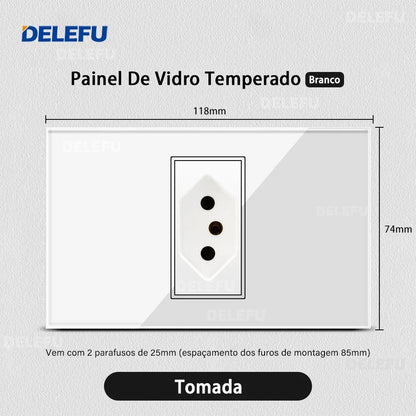 DELEFU 4*2 White Tempered Glass Brazil Standard Outlet with Double USB Type C Wall Power Socket Smart Switch Tuya Wifi 10A 20A