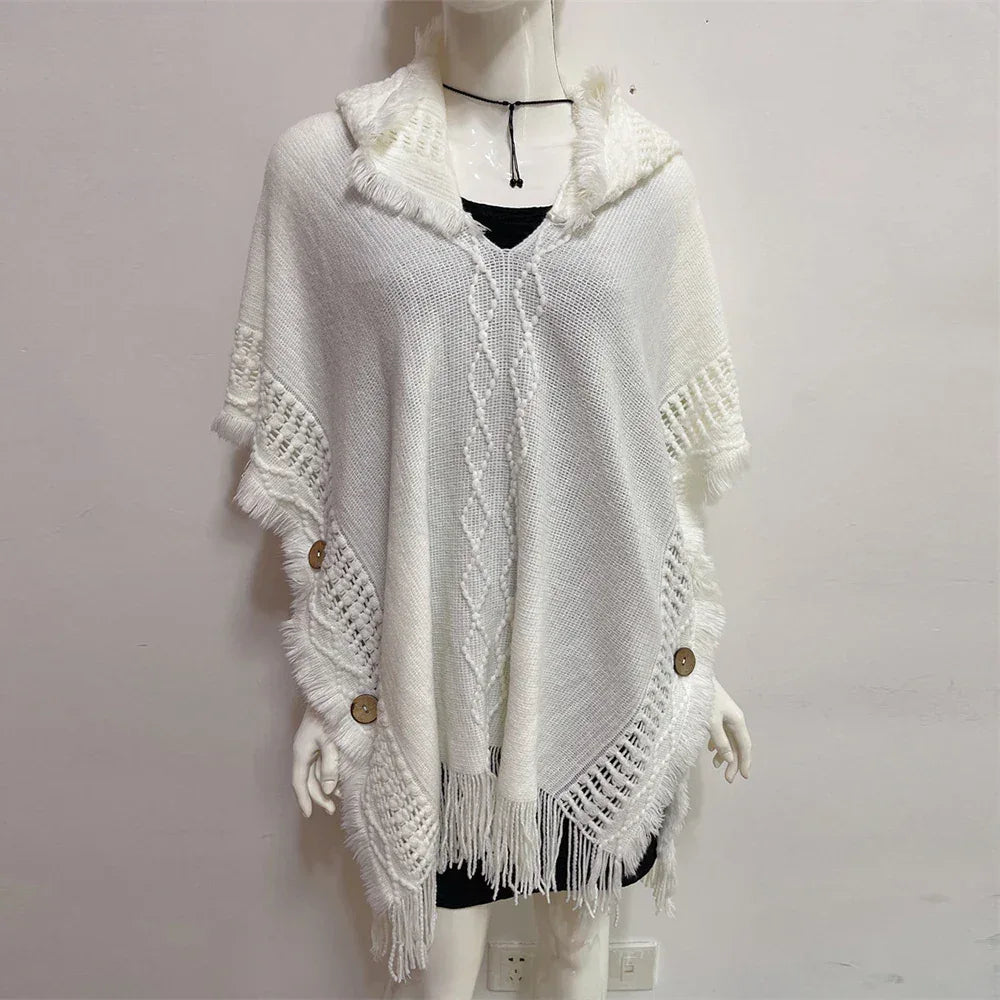 Women Knitted Cape Shawl Wrap Cloak Ethnic Hooded Poncho Hoody Jumper Sweater Tassels Dropshipping