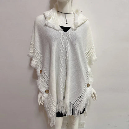 Women Knitted Cape Shawl Wrap Cloak Ethnic Hooded Poncho Hoody Jumper Sweater Tassels Dropshipping