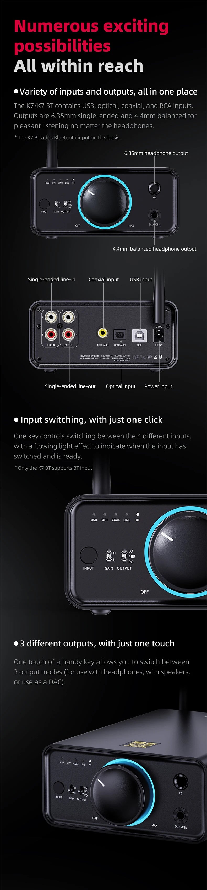 FiiO K7/K7BT  Balanced HiFi DAC Headphone Amplifier AK4493S*2, XMOS XU208 PCM384kHz DSD256,USB/Optical/Coaxial/RCA Inputs
