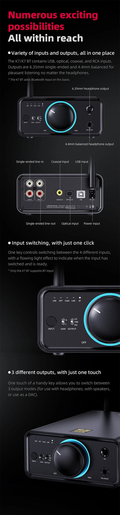 FiiO K7/K7BT  Balanced HiFi DAC Headphone Amplifier AK4493S*2, XMOS XU208 PCM384kHz DSD256,USB/Optical/Coaxial/RCA Inputs