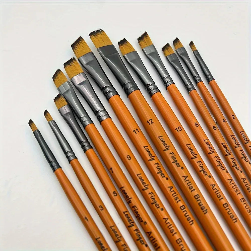 12pcs Premium Angular Paint Brushes - High-Quality Nylon Hair Angled Watercolor Brushes for Acrylics, Watercolors, Gouache