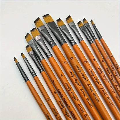 12pcs Premium Angular Paint Brushes - High-Quality Nylon Hair Angled Watercolor Brushes for Acrylics, Watercolors, Gouache