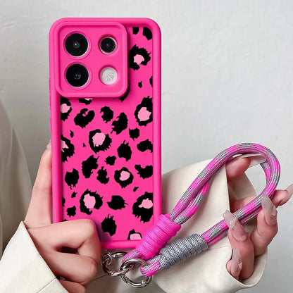 Phone Case For Xiaomi 14T 12T 13T 11T 15 14 12 13 Poco X6 X5 X3 F3 F5 Pro Lite Leopard Print Wrist Chain Lanyard Hang Strap Case