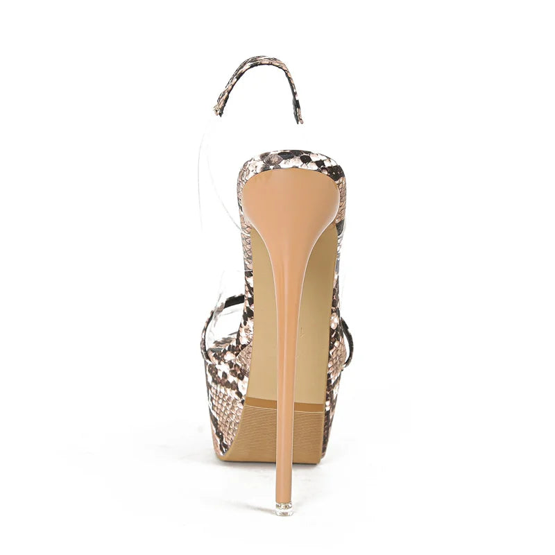 Liyke Model Catwalk Extreme High Heels Sexy 16 CM Transparent Sandal Women Snake Print Open Toe Slip-On Back Strap Platform Shoe