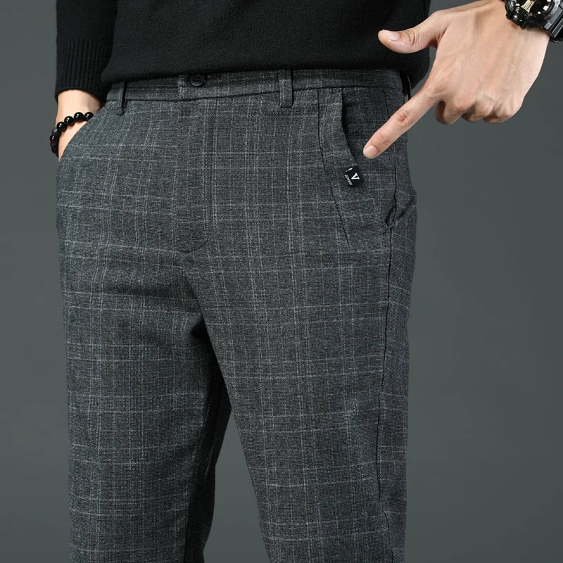 Pantalon à carreaux décontracté pour homme, collection 2023, coupe slim, gris foncé, style classique, élastique, marque de vêtements pour homme