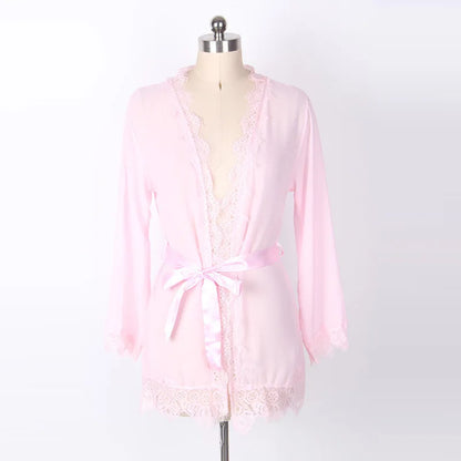Women's Sheer Lace Kimono Robe, Long Sleeve V-Neck Belted Soft Bridal Wedding Lingerie Nightwear Multi-color