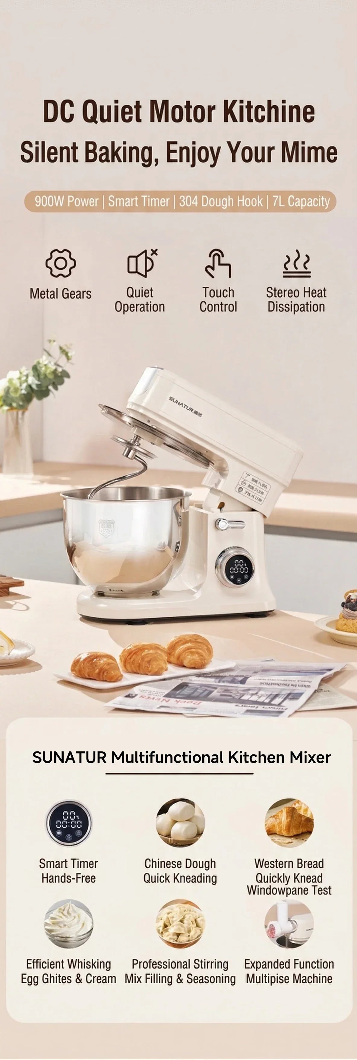 SUNATUR SM-606E 7L Stand Mixer 900W DC Quiet 11-Speed Timer, 304 Bowl Anti-Black Powder for Home & Commercial Baking