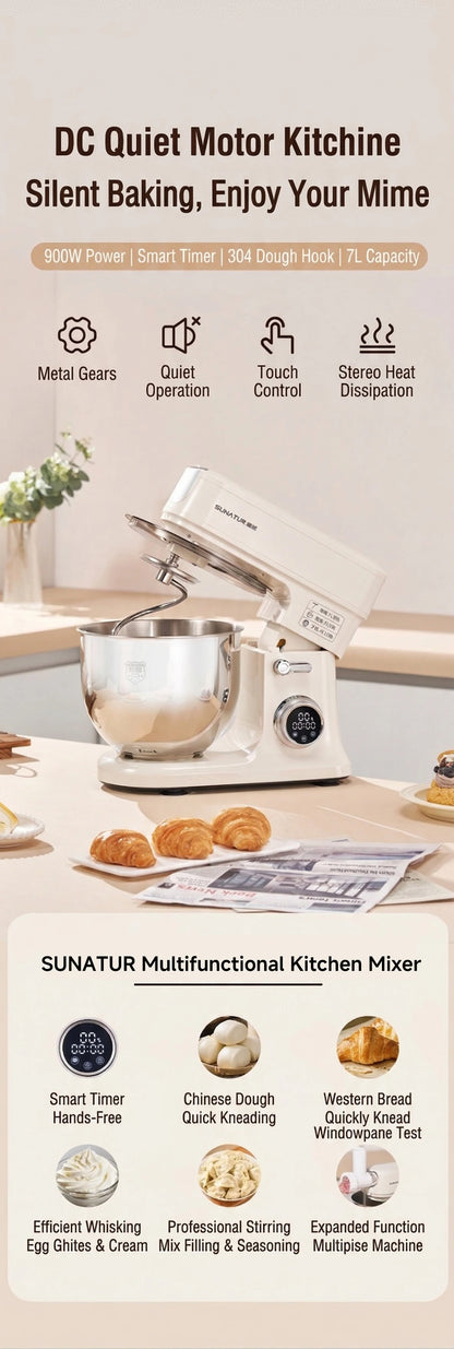 SUNATUR SM-606E 7L Stand Mixer 900W DC Quiet 11-Speed Timer, 304 Bowl Anti-Black Powder for Home & Commercial Baking