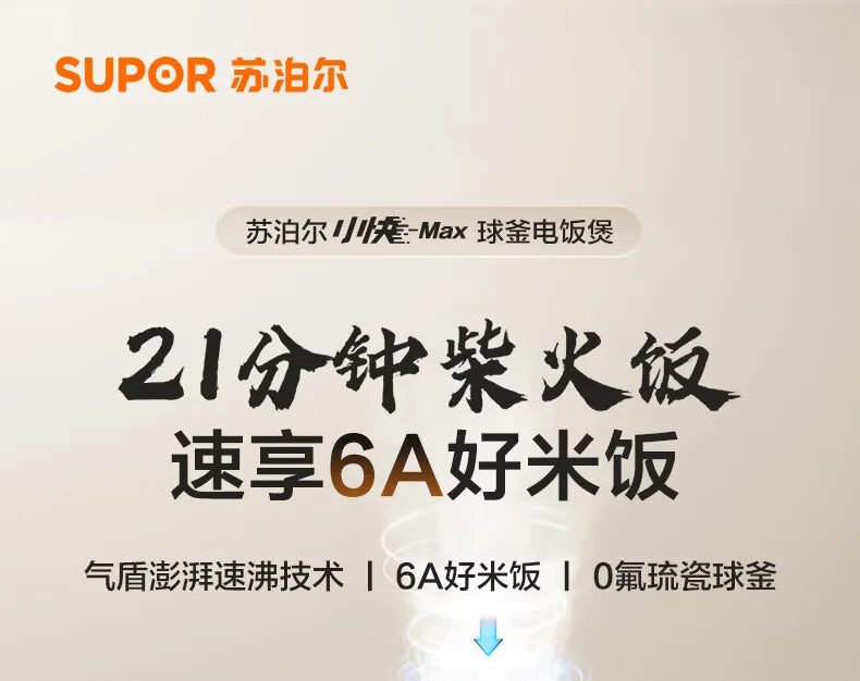SUPOR 4L Rice Cooker 0-Fluorine Glazed Ball Pot Micro Pressure 21-Min Fast Cook Anti-Overflow 220V
