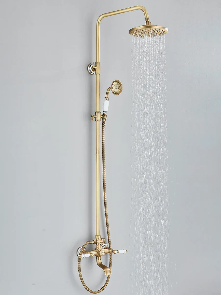 Retro Shower System Antique Brass Rainfall Shower With Handheld Shower Tub Spout For Bath Shower