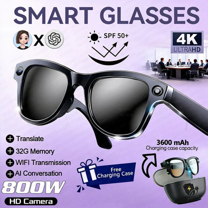 2026 New 800W Camera 3600mAh Portable Charger Smart Glasses 100+language Translation Bluetooth Call Music Player AI Chat Glasses