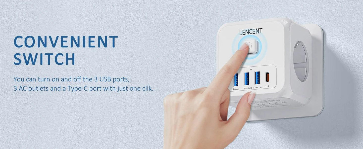 LENCENT Multi USB Wall Socket Cube with 3AC Outlets USB-A and Type C 7-in-1 Power Strip EU Plug Socket On/Off Switch for Home