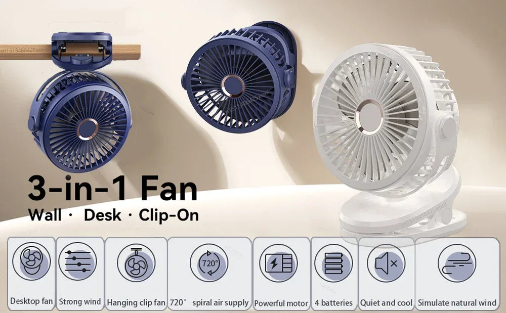 Desktop Fan Portable Clip Fan for Home Room Office Desk/Clip Fan 720° Rotate Wireless Wall Fan Portable Mini Air Circulator Fan