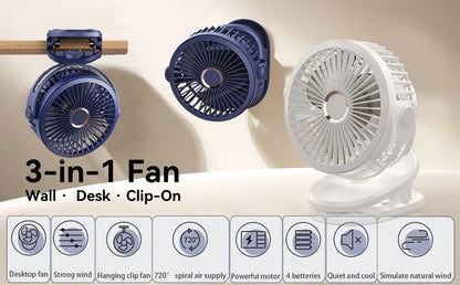Desktop Fan Portable Clip Fan for Home Room Office Desk/Clip Fan 720° Rotate Wireless Wall Fan Portable Mini Air Circulator Fan