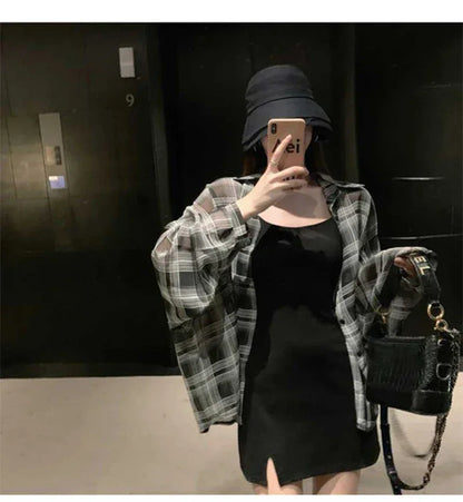 2024 Summer Autumn New Women's Shirt Thin Casual Street Style Shirt Outer Top Checkered Shirt Cardigan Coat for Women