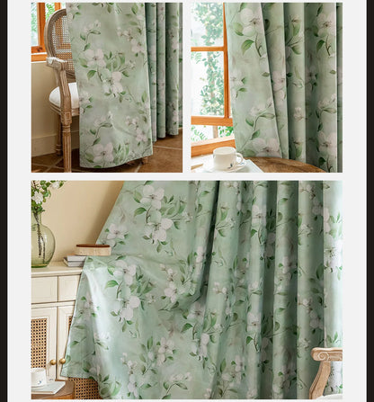 1PC European Style 100% Blackout Curtain for Bedroom Living Room Green Leaf Flower Printed Window Drapes Summer Curtains
