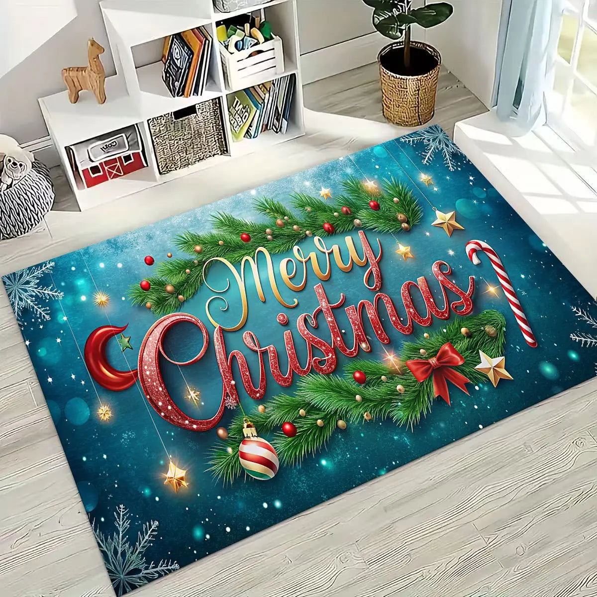 Happy New Year Merry Christmas Tree Santa Claus Cartoon Gift Carpet Rug for Bedroom Living Room Sofa Home Doormat Decor,Non-slip