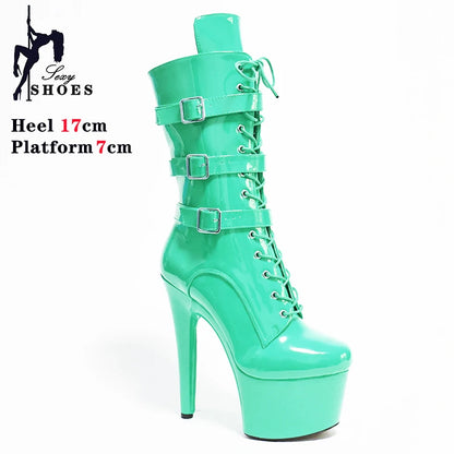 Pink 17cm/7Inch Sexy Punk Black Platform Pole Dance Women's Boots Stripper Heels Ankle Boots High Heels Zip Belt Buckle Shoes