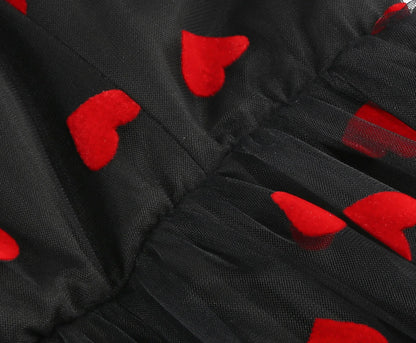 Knot Strap Strawberry Patchwork Vintage Dress 2025 Heart Flocking Valentine's Day Dress Women Birthday Party Pleated Mesh Dress