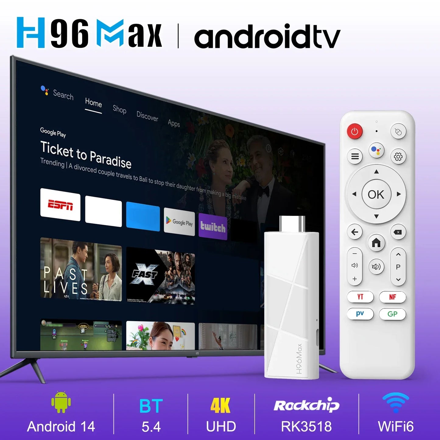 H96 MAX RK3518 Stick mini TV Box Android14.0 Wifi6 BT5.4 4KHD Dongle 100M Ethernet Google Voice Assistant Media Player TV Stick
