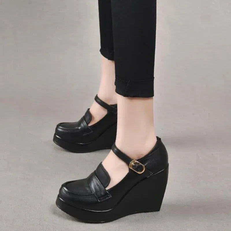 GKTINOO 2025 Wedges Women Shoe Spring Autumn Slip-On High Heels Round Toe Genuine Leather Casual Ladies Platform Shoes Woman