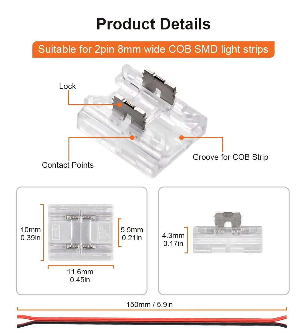 12pcs Solderless LED Connector Transparent 4 in 1 DIY Connectors with 15cm Wire For 2pin 8mm 10mm COB SMD LED Strip Lights