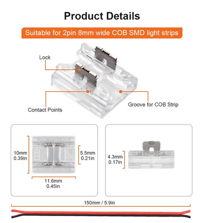 12pcs Solderless LED Connector Transparent 4 in 1 DIY Connectors with 15cm Wire For 2pin 8mm 10mm COB SMD LED Strip Lights