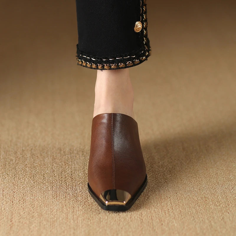 2025 New Ladies Genuine Leather Metal Head Mules Fashion Med Chunky Heels Summer Wedges Slippers Women Casual Office Shoes Woman