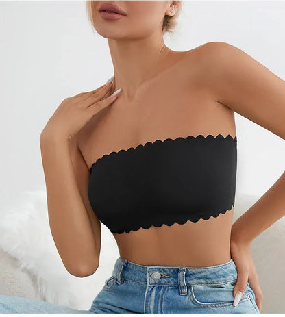 Hot Sale New Design Effective Slip-proof Scallop Side One Piece Bralette Padded Ice Silk Seamless Strapless Bra For Women