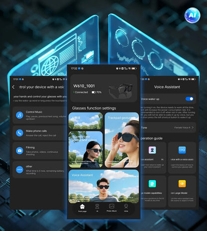 Lunettes intelligentes 8 mégapixels, enregistrement vidéo, reconnaissance photo IA, traduction des réponses, batterie 270 mAh, étanche IP65, Bluetooth