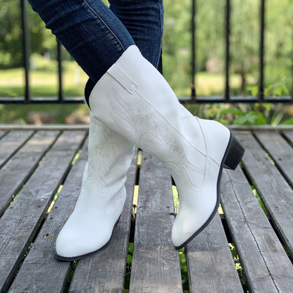 2024 Classic Embroidered Western Cowboy Boots for Women Leather Cowgirl Boots Low Heels Shoes Knee High Woman Boots Size36-43