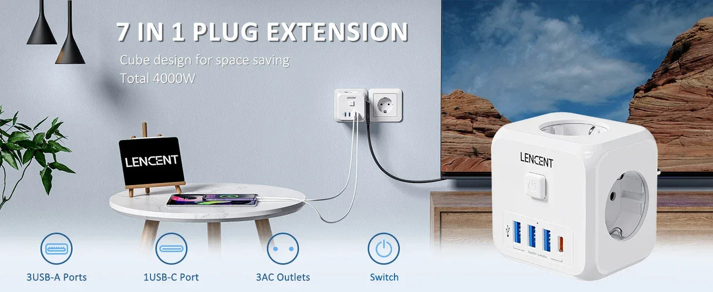 LENCENT Multi USB Wall Socket Cube with 3AC Outlets USB-A and Type C 7-in-1 Power Strip EU Plug Socket On/Off Switch for Home