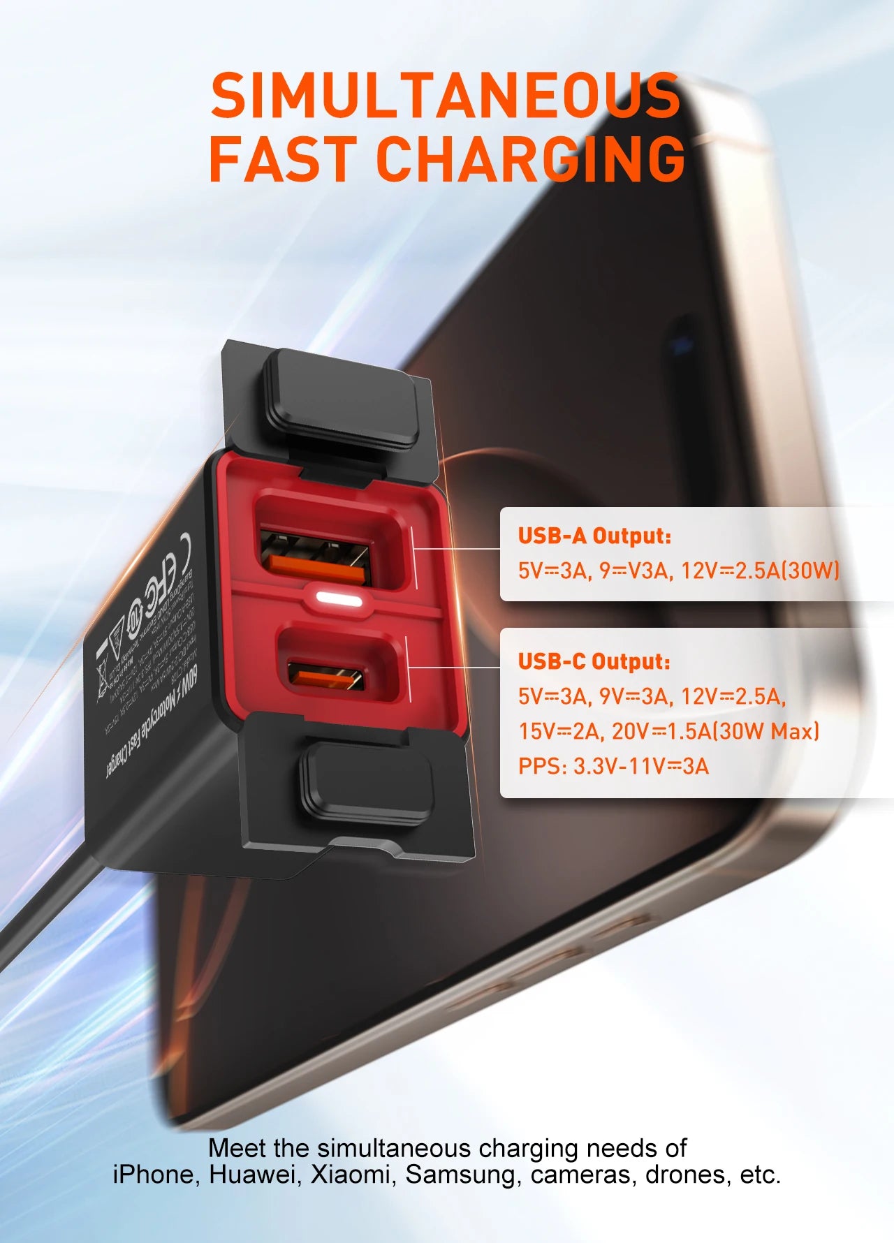 LDNIO Motorcycle USB C Fast Charger PD+QC3.0 60W Waterproof Socket Type C Cell Phone 12V/24V Vehicle-Mounted Charger Adapter