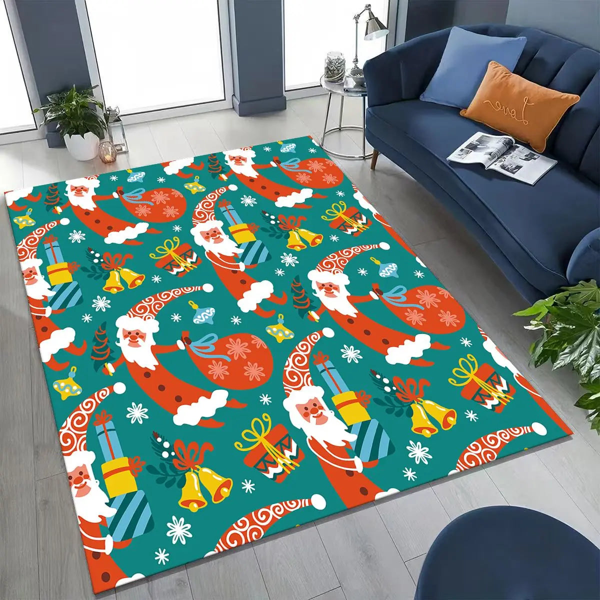 Happy New Year Merry Christmas Tree Santa Claus Cartoon Gift Carpet Rug for Bedroom Living Room Sofa Home Doormat Decor,Non-slip