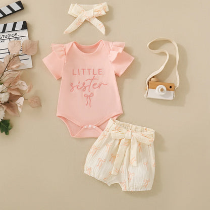 Summer unisex baby pink short-sleeved letter-print romper, shorts, bow hair accessory and belt – 4-piece set
