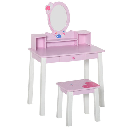 Homcom Children's Dressing Table with Stool and Mirror Princess Style Pink Wooden Makeup Table Toy for Girls 60X34X93 cm
