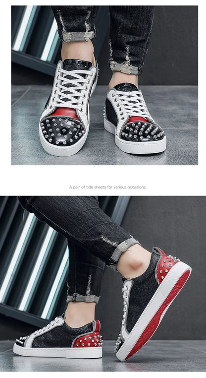 New Fashion Silver Trainers Glitter Spiky Shoes Men Lace Up Sneakers Low Top Shoes Red Sole Man Designer Sneaker With Spikes