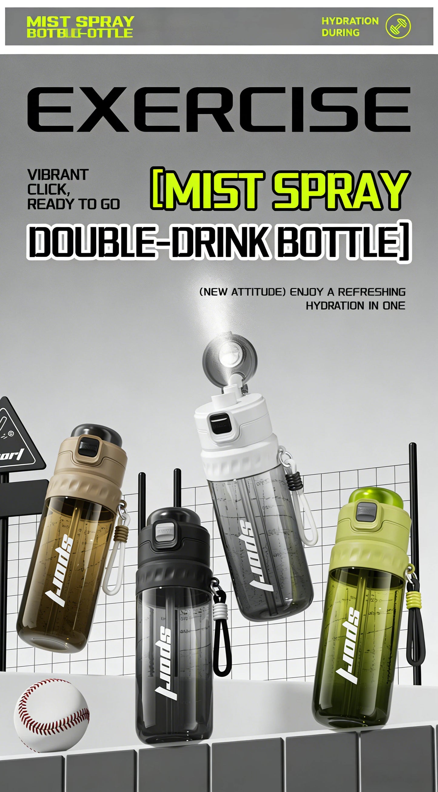 750ML Portable Mist Spray Water Bottle Double Drinking Sports Bottle Leakproof Gym Running Hiking Camping Outdoor Activity Gift