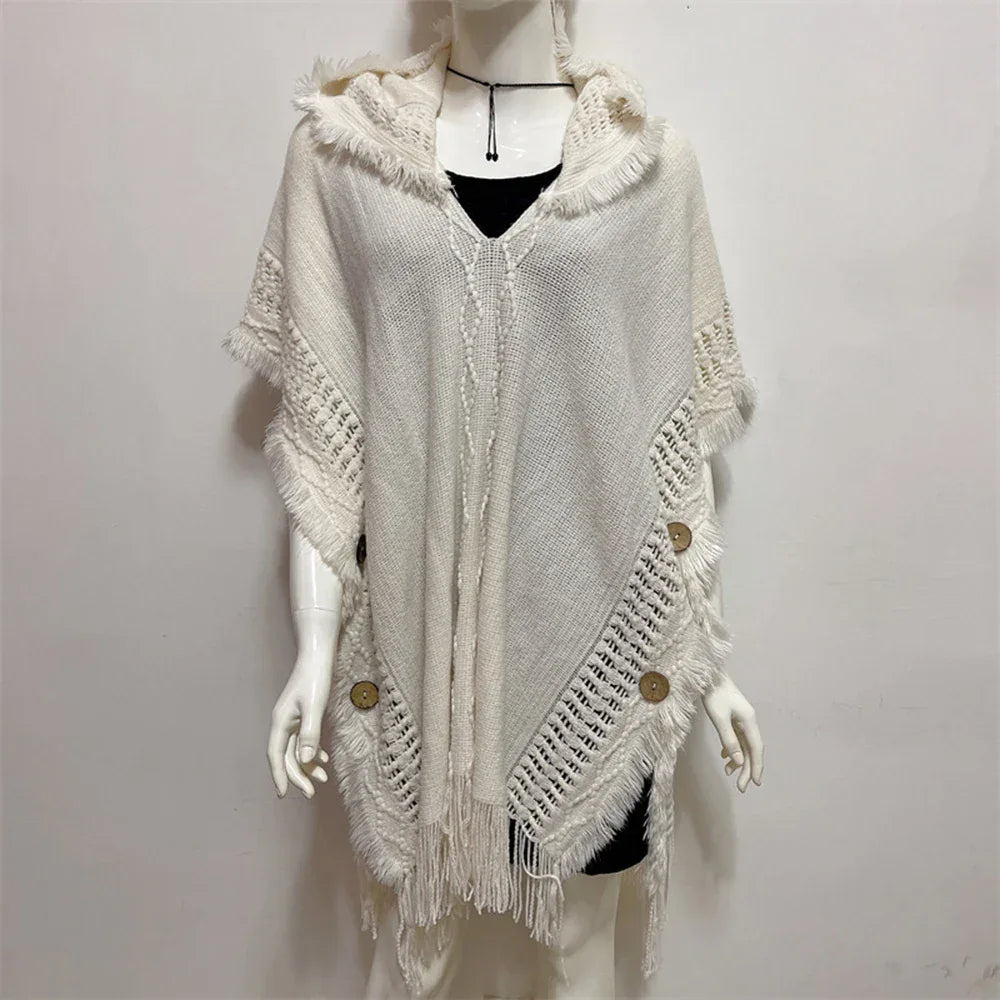Women Knitted Cape Shawl Wrap Cloak Ethnic Hooded Poncho Hoody Jumper Sweater Tassels Dropshipping