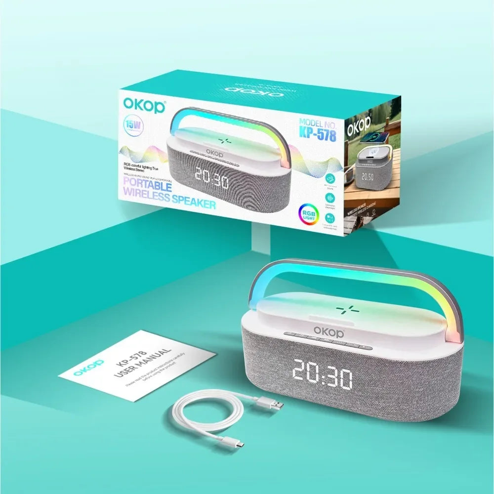 OKOP Bluetooth Speakers,6 in 1 Multi-function,Alarm Clock, Wireless Charger RGB Night Light , Audio,portable Speaker,White Noise