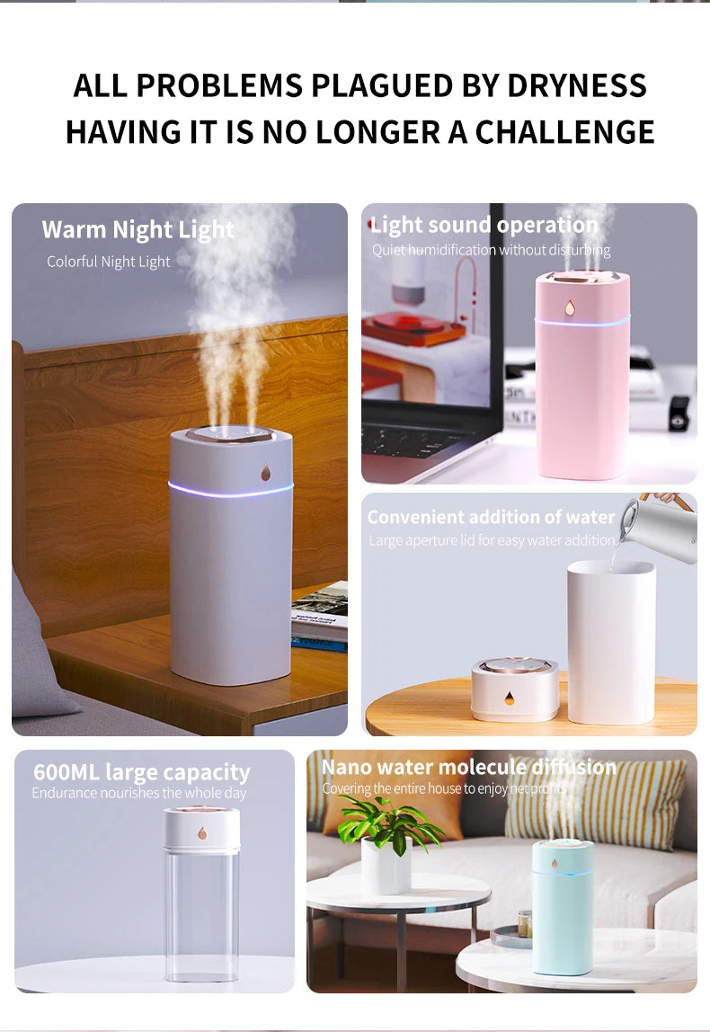 Triple-Nozzle 600mL Waterdrop Mist Humidifier: Fast & Gentle Moisture for Your Space