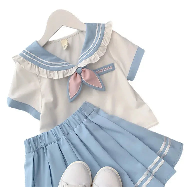 2025 autumn winter sailor T shirt blouse + jk pleated skirt toddler girls cotton teenager children  6 7 8 9 10 11 12 year