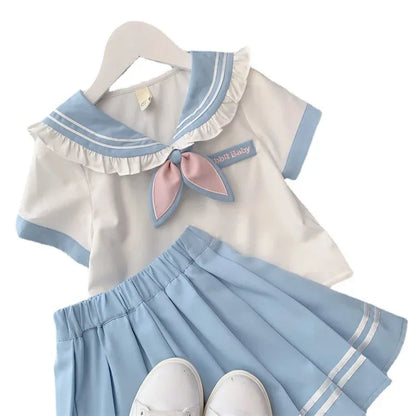 2025 autumn winter sailor T shirt blouse + jk pleated skirt toddler girls cotton teenager children  6 7 8 9 10 11 12 year