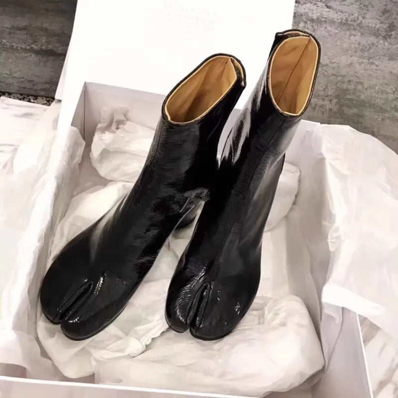 Leather Split Toe Tabi Boots For Women Chunky High Heels Women Shoes Ankle Boots Black Fashion Brand Designer Botas Mujer