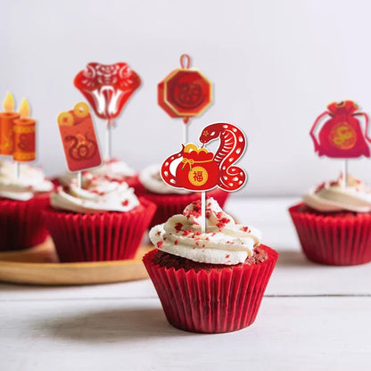 12/24pcs Chinese New Year Cupcake Toppers Dessert Cake Decor 2025 Year of Snake Lunar Chinese Spring Festival Party Supplies