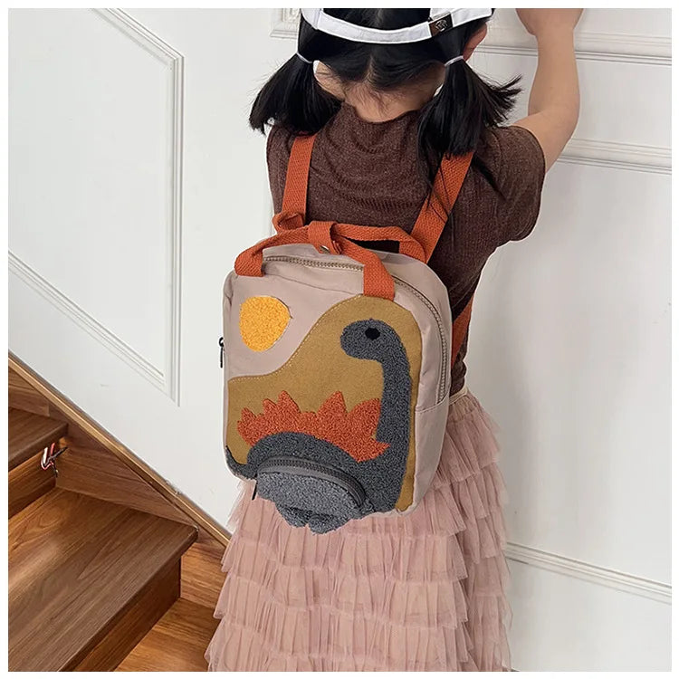 New Embroidery Sun Long Neck Small Dinosaur Backpack Hook Hair Embroidered Cartoon Canvas Kindergarten Children Backpack