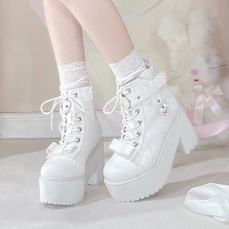 Japanese Mine Lolita Short Boots for Women Mass Production Love Rhinestone Buckle Bow Round Head Platform Boots Sweet Shoes